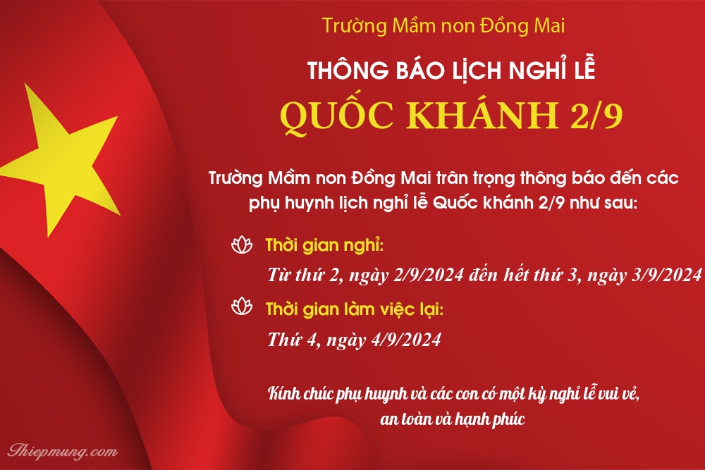 Thông báo lịch nghỉ lễ Quốc khánh 2/9